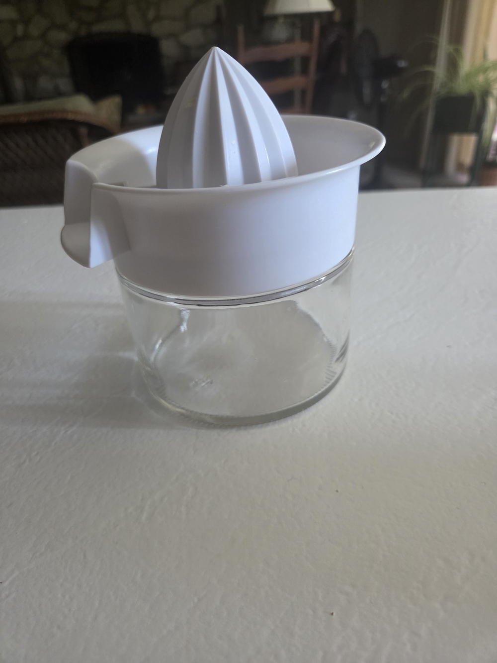 Glass Citrus Juicer with White Plastic Reamer/Seed Catcher